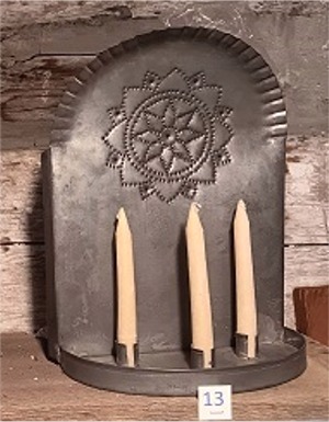#13-18th - 19th century shaker triple candle tin wall sconce with period perforation-10.375"W x 5.25"D x 13"H, Stock- 2   Cost-$250.00
