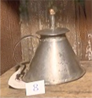 #8-18th - 19th century tin whale oil lamp-4.5"D x 5"H, Stock- 1  Cost- $87.00